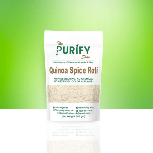 Quinoa Spice Roti flour mix from The Purify Shop, packaged in a white pouch with beige accents, offering a healthy gluten-free roti blend rich in fiber, minerals, and natural flavor