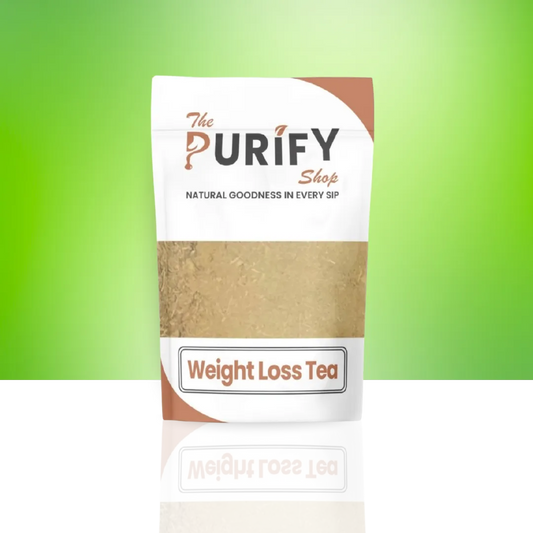 Weight Loss Tea by The Purify Shop in a white and brown pouch, featuring a natural herbal blend designed to support fat burning, metabolism boost, detoxification, and healthy weight management.
