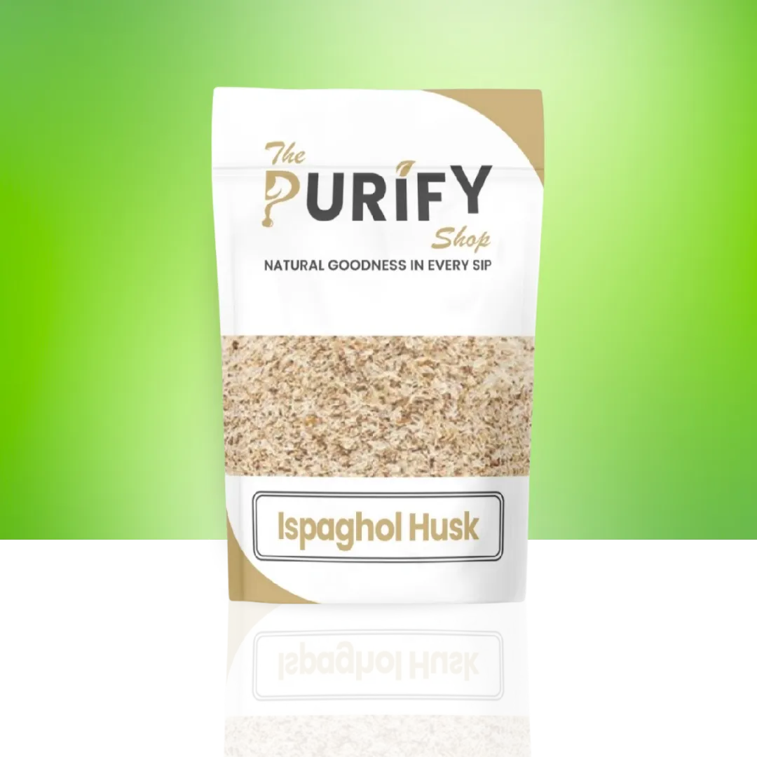Ispaghol Husk (Psyllium Husk) by The Purify Shop in a white and beige pouch, showing finely milled natural fiber husk used for digestion support, constipation relief, weight management, and overall gut health.