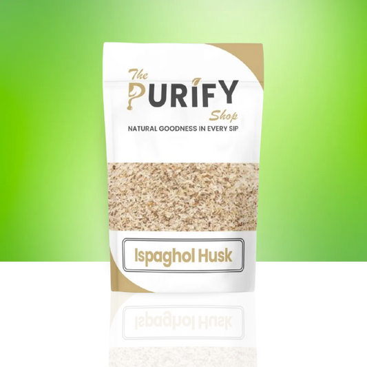 Ispaghol Husk (Psyllium Husk) by The Purify Shop in a white and beige pouch, showing finely milled natural fiber husk used for digestion support, constipation relief, weight management, and overall gut health.