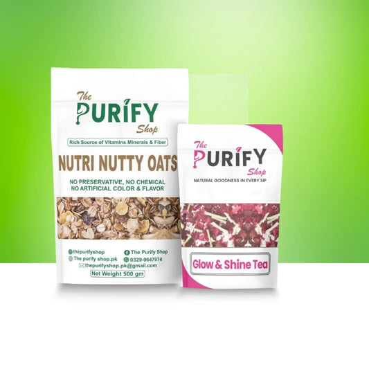 Two stand-up pouches of The Purify Shop products on a green gradient background: a larger Nutri Nutty Oats pouch and a smaller Glow & Shine Tea pouch.