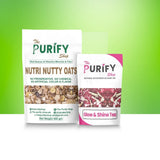Two stand-up pouches of The Purify Shop products on a green gradient background: a larger Nutri Nutty Oats pouch and a smaller Glow & Shine Tea pouch.