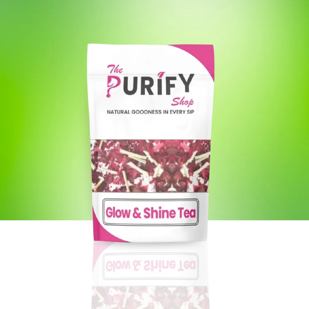 Glow & Shine Tea by The Purify Shop in a pink and white pouch, featuring a vibrant herbal mix designed for skin glow, detox, and natural radiance enhancement.