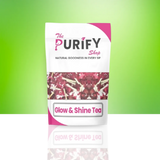 Glow & Shine Tea by The Purify Shop in a pink and white pouch, featuring a vibrant herbal mix designed for skin glow, detox, and natural radiance enhancement.