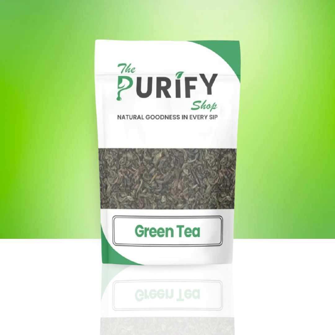 Premium Green Tea leaves by The Purify Shop in a green and white resealable pouch, showcasing loose-leaf green tea for antioxidant support, detox, and weight-loss routines.