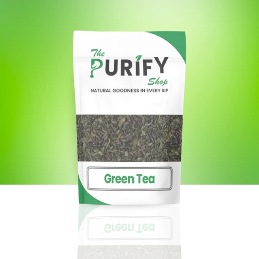 Premium Green Tea leaves by The Purify Shop in a green and white resealable pouch, showcasing loose-leaf green tea for antioxidant support, detox, and weight-loss routines.