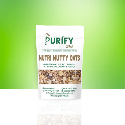 Nutri Nutty Oats by The Purify Shop in a clean white pouch, featuring a mix of wholegrain oats, nuts, and seeds, ideal for healthy breakfast, fiber, and nutrition-rich meals.

