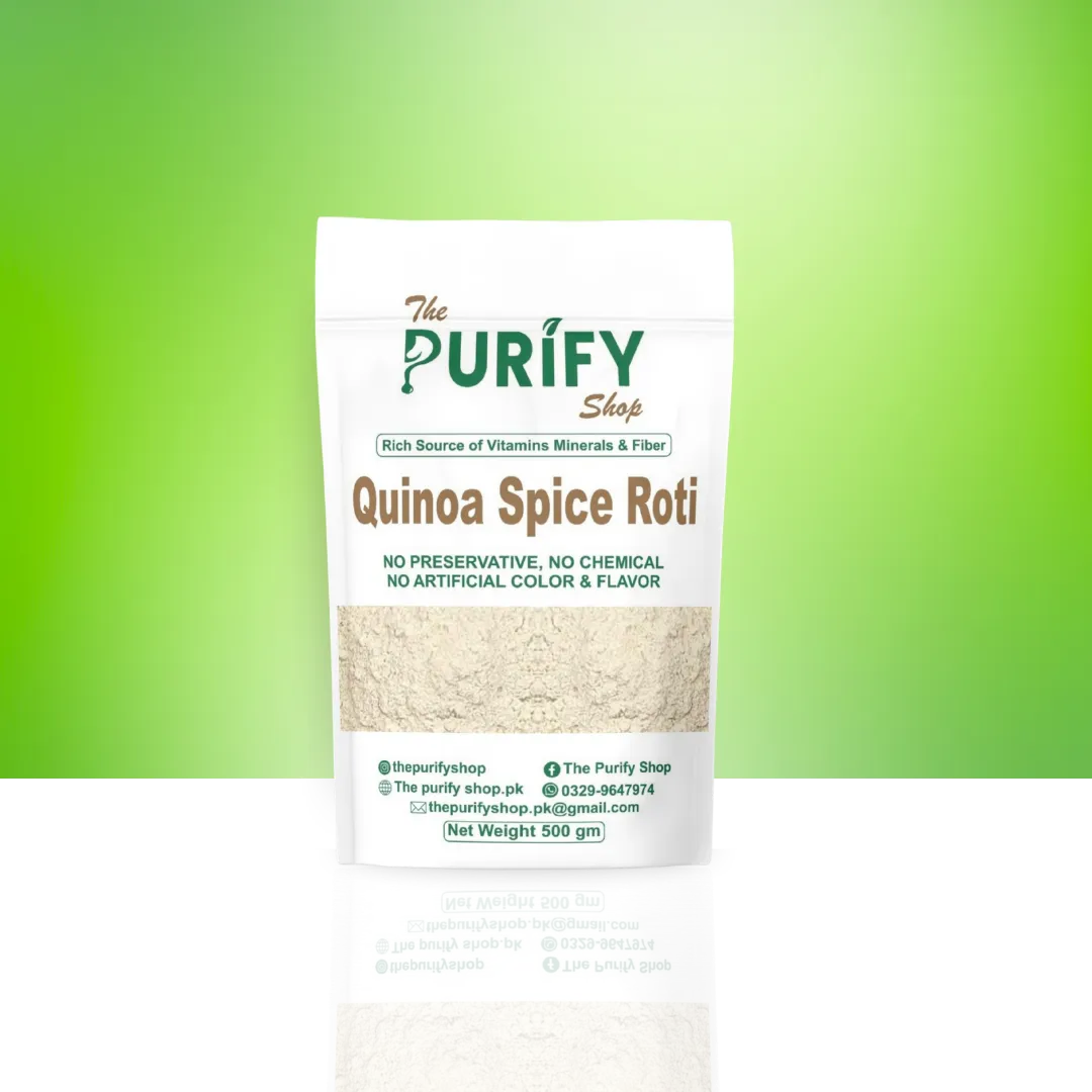 Quinoa Spice Roti flour mix from The Purify Shop, packaged in a white pouch with beige accents, offering a healthy gluten-free roti blend rich in fiber, minerals, and natural flavor