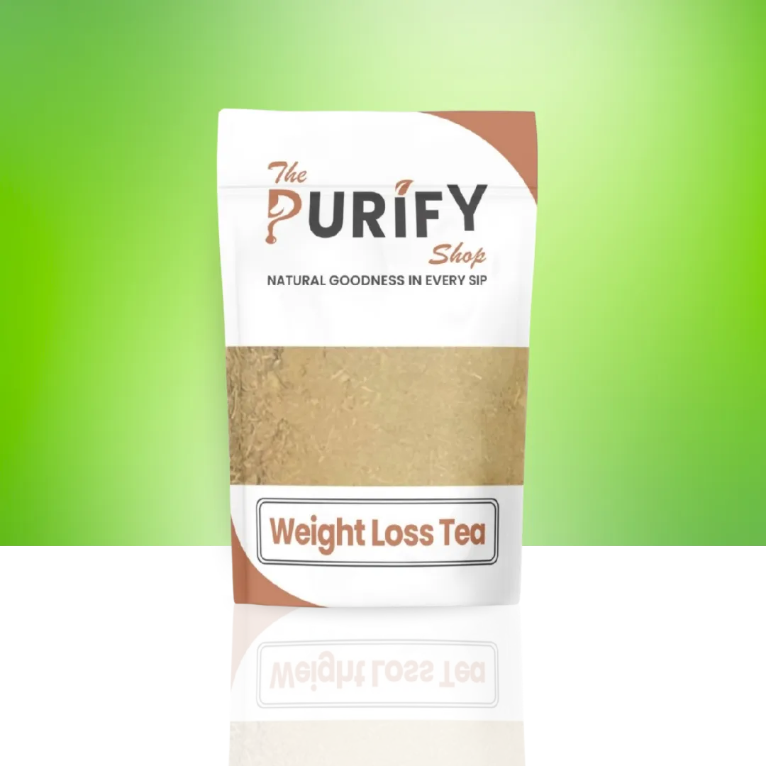 Weight Loss Tea by The Purify Shop in a white and brown pouch, featuring a natural herbal blend designed to support fat burning, metabolism boost, detoxification, and healthy weight management.