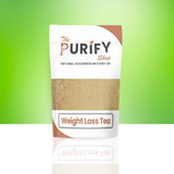 Weight Loss Tea by The Purify Shop in a white and brown pouch, featuring a natural herbal blend designed to support fat burning, metabolism boost, detoxification, and healthy weight management.