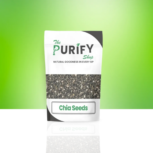 High-quality Chia Seeds by The Purify Shop in a white and grey pouch, showcasing nutrient-dense superfood seeds perfect for weight loss, smoothies, and heart-healthy diets.


