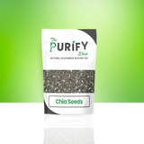High-quality Chia Seeds by The Purify Shop in a white and grey pouch, showcasing nutrient-dense superfood seeds perfect for weight loss, smoothies, and heart-healthy diets.

