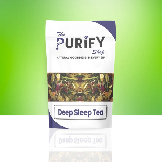 Deep Sleep Tea herbal blend by The Purify Shop in a white and navy pouch, filled with natural calming herbs designed to improve sleep quality and promote relaxation.