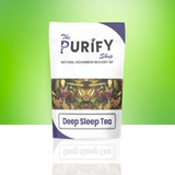 Deep Sleep Tea herbal blend by The Purify Shop in a white and navy pouch, filled with natural calming herbs designed to improve sleep quality and promote relaxation.