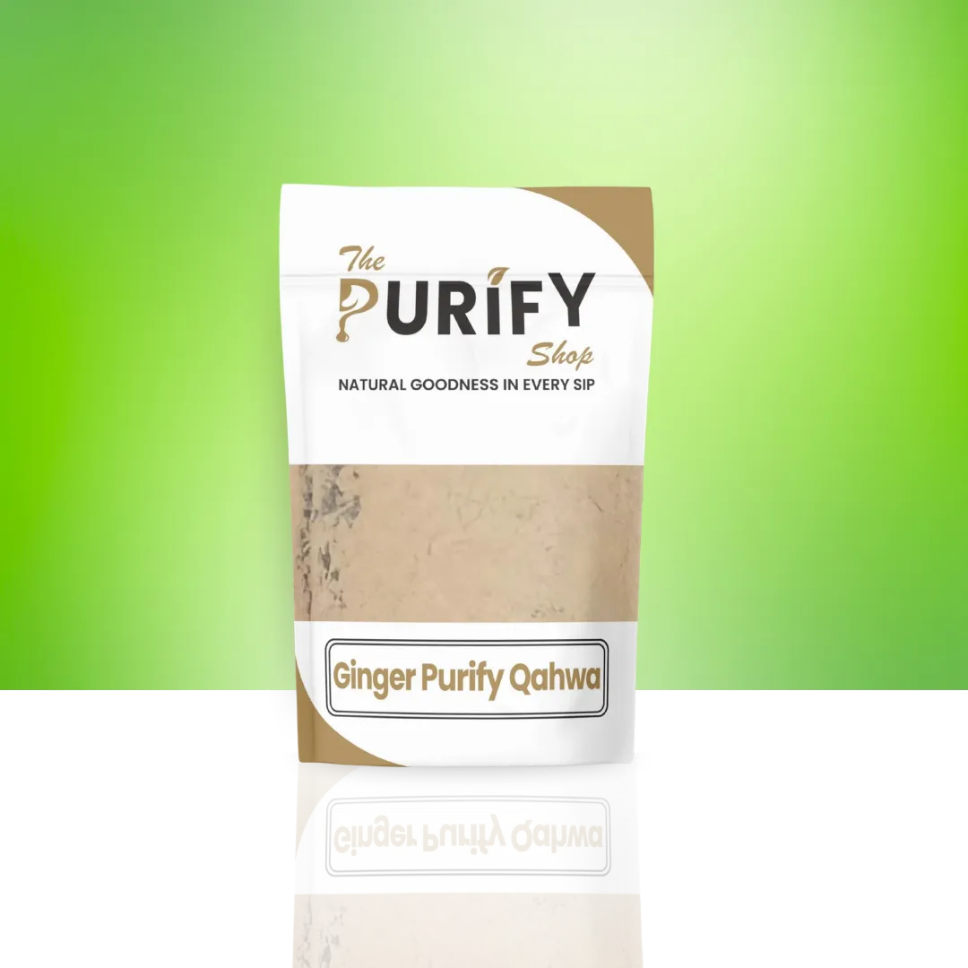 Ginger Purify Qahwa by The Purify Shop, packaged in a beige and white pouch, containing a warming ginger-based herbal qahwa blend for immunity support and digestion.