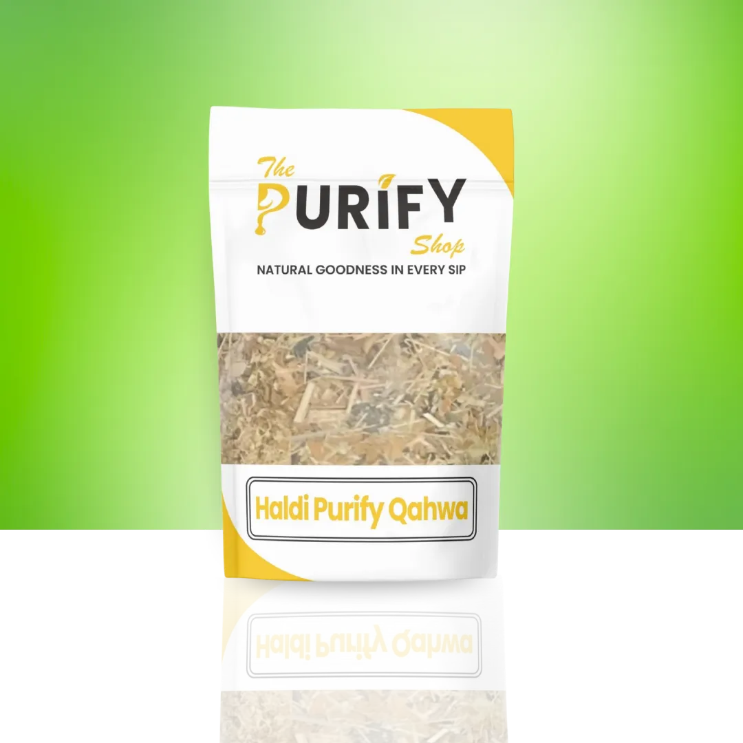 Haldi Purify Qahwa herbal turmeric blend by The Purify Shop, packed in a white and yellow pouch, offering natural anti-inflammatory benefits and immunity-boosting wellness.