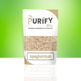 Ispaghol Husk (Psyllium Husk) by The Purify Shop in a white and beige pouch, showing finely milled natural fiber husk used for digestion support, constipation relief, weight management, and overall gut health.