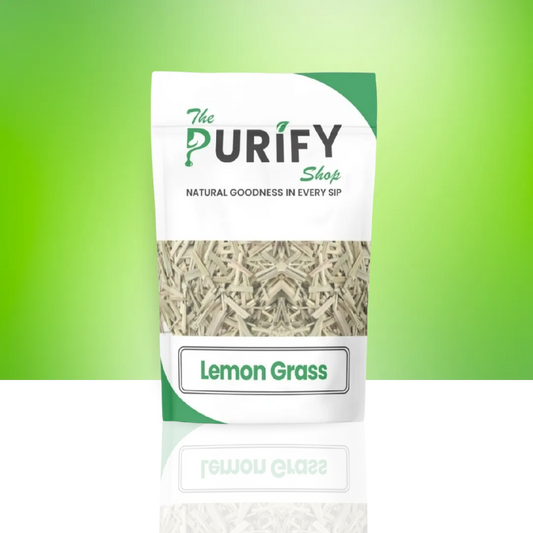 Premium Lemon Grass herbal tea by The Purify Shop in a resealable white and green pouch, showcasing dried lemongrass leaves for natural wellness and detox tea lovers.


