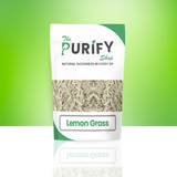 Premium Lemon Grass herbal tea by The Purify Shop in a resealable white and green pouch, showcasing dried lemongrass leaves for natural wellness and detox tea lovers.

