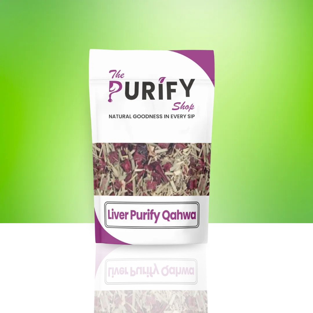 Liver Purify Qahwa herbal detox blend by The Purify Shop, packed in a white and purple pouch with visible dried herbs and flowers, formulated for liver cleansing and natural wellness.