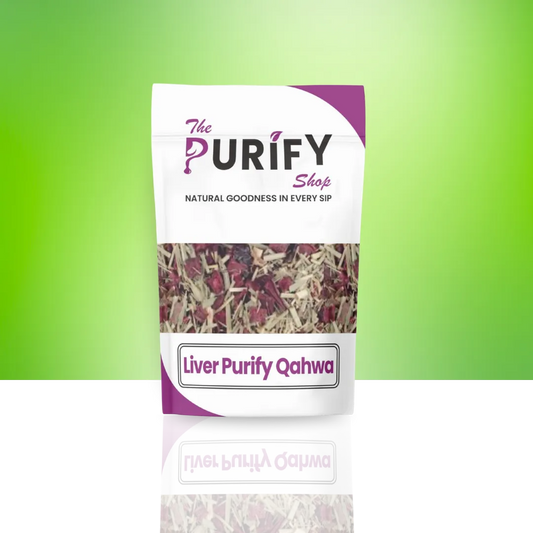 Liver Purify Qahwa herbal detox blend by The Purify Shop, packed in a white and purple pouch with visible dried herbs and flowers, formulated for liver cleansing and natural wellness.