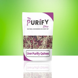 Liver Purify Qahwa herbal detox blend by The Purify Shop, packed in a white and purple pouch with visible dried herbs and flowers, formulated for liver cleansing and natural wellness.